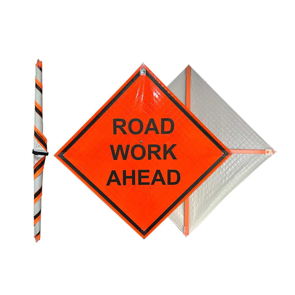 48 Inch Road Work Ahead Roll Up Reflective Traffic Sign - 